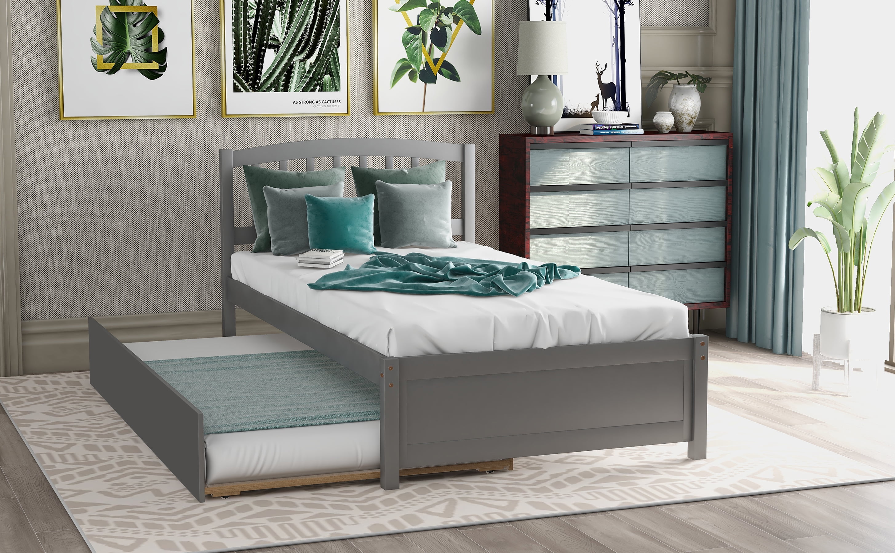 Mintazer Twin Size Platform Bed Frame with Trundle & Curved Slatted Headboard for Kids Teens Adults Bedroom, No Box Spring Needed, Gray