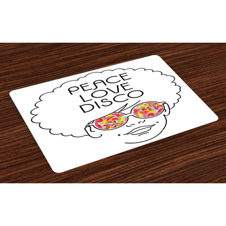 70s Party Placemats Set of 4 Drawing of a Girl with Afro Hair and Kaleidoscopic Glasses Hippie Seventies Art, Washable Fabric Place Mats for Dining Room Kitchen Table Decor,Multicolor, by Ambesonne