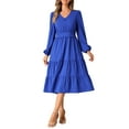 thumbnail image 2 of INSPIRE CHIC V Neck Dress for Women's Lantern Sleeve Ruffle A-Line Elegant Casual Midi Dresses S Royal Blue, 2 of 6