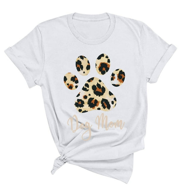 Meichang T-Shirts Maman Chien Femmes Mignon Patte de Chien Léopard Graphique T-Shirts Manches Courtes Col Rond Décontracté Été Hauts Coupe Ample Blouses Maman Blanc TG