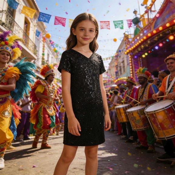 ZHOGXU Big Kids Girls Dress Short Sleeved V Neck Solid Color Sequins Comfortable Stylish Dresses For Stage Performance Black One Size