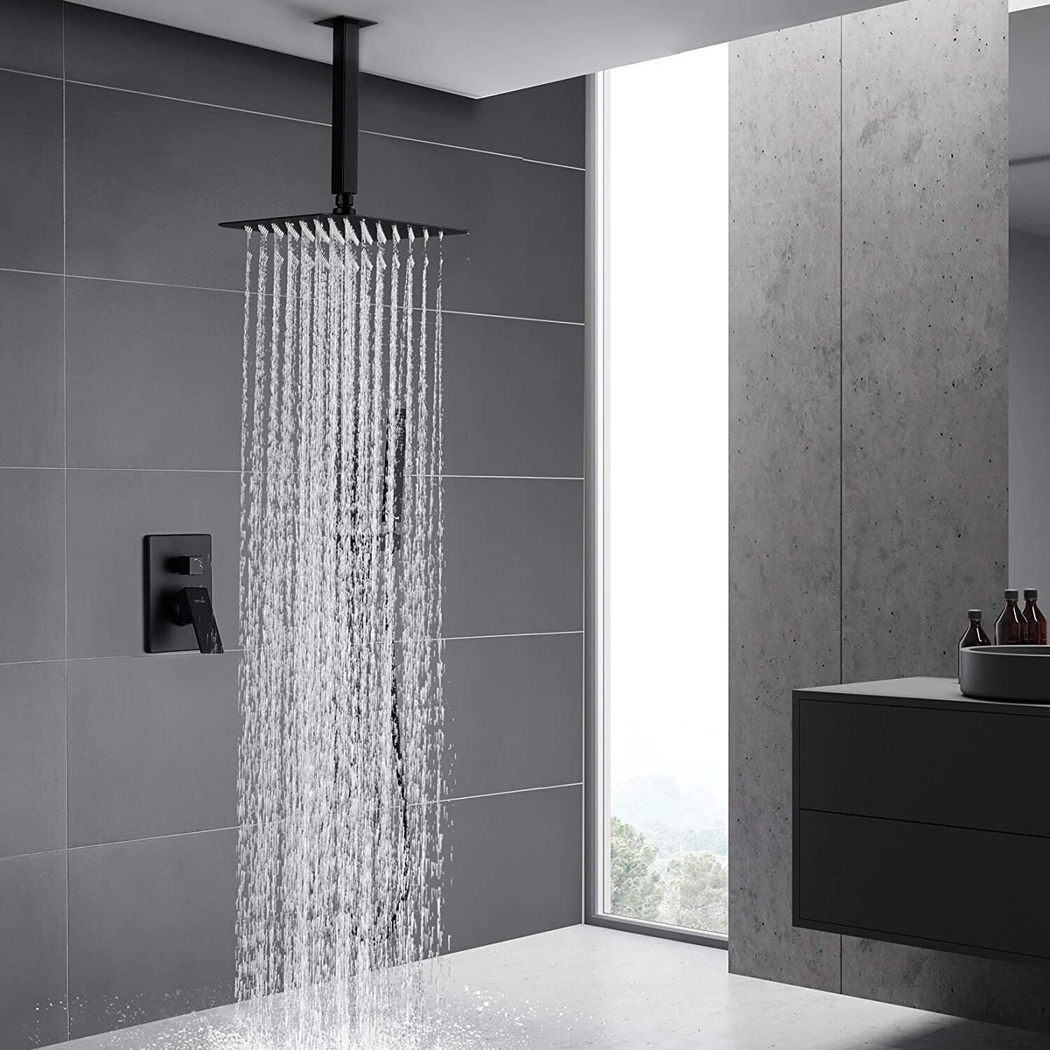 Zovajonia Matte Black Shower System 8 Inches Shower Faucet Set, Rain Shower Head with Handheld Spray Bathroom Ceiling Mount Shower Fixtures