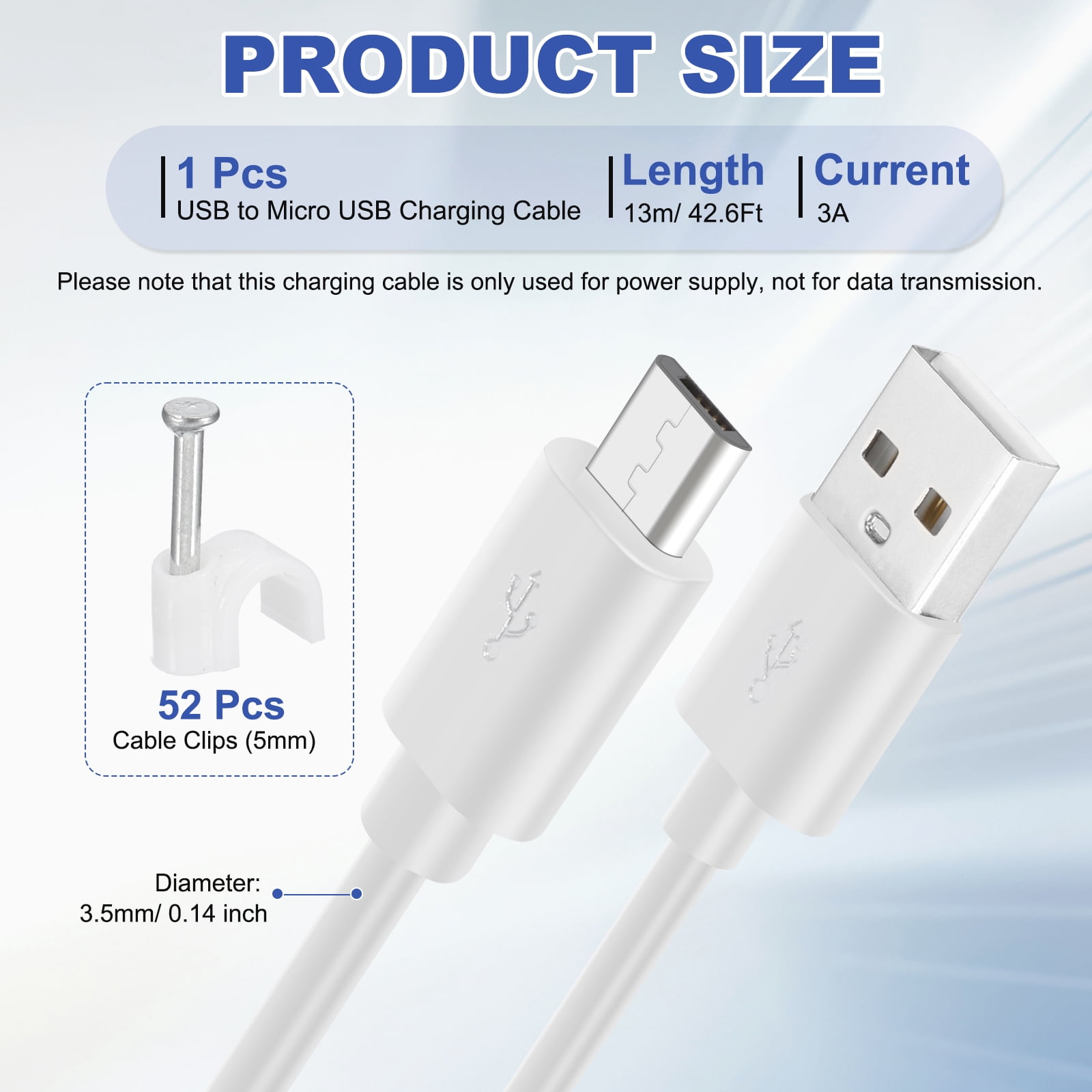 Uxcell 42.6Ft USB to Micro USB Power Extension Cable, Long Charging Cord, White