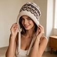 thumbnail image 4 of Zylanna Women's Knitted Earflap Beanie, Drawstring Oversized Warm Heavyweight Stretchy Jacquard Pattern Slouchy Winter Ski Hat for Cold Weather Beige, 4 of 8