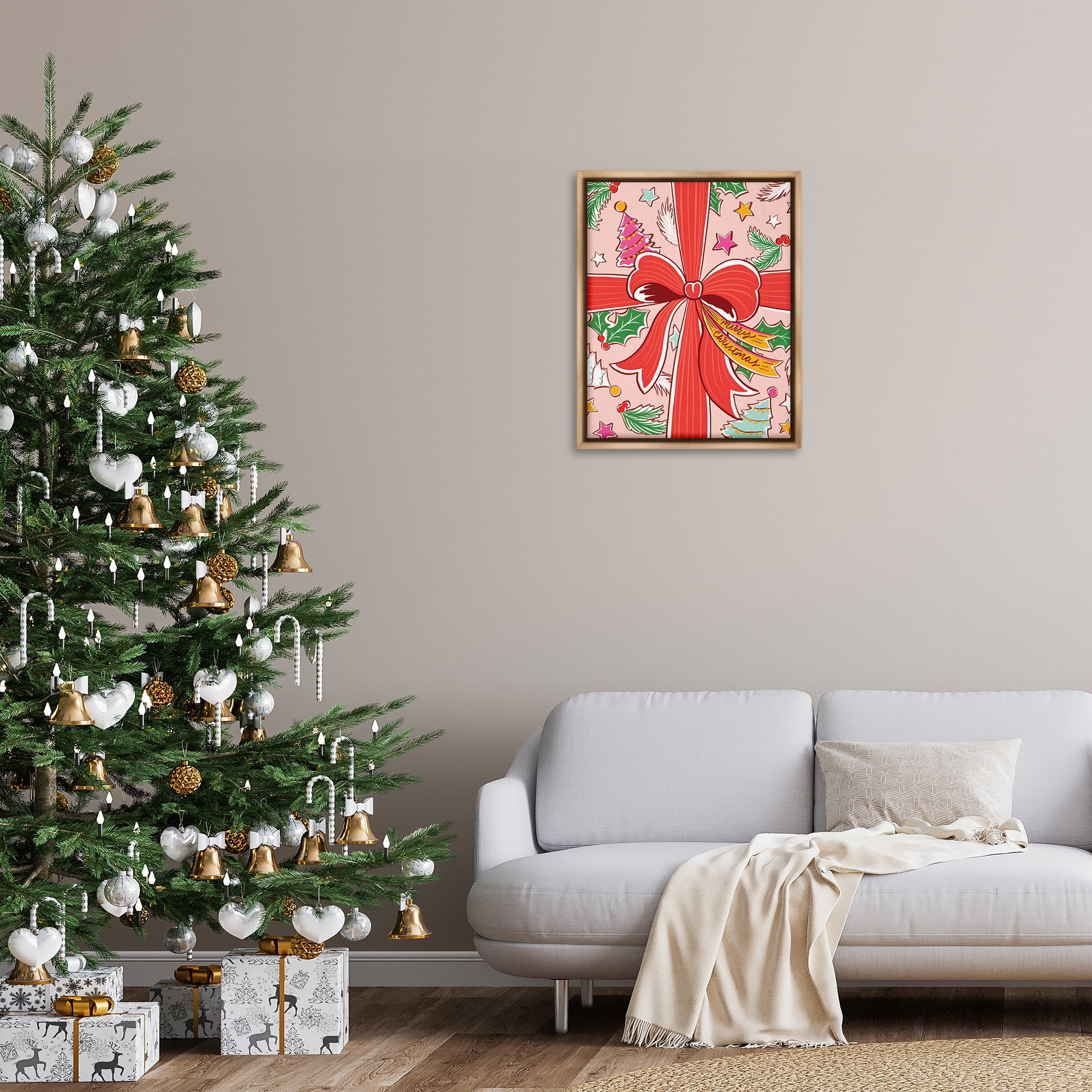 Stupell Industries Christmas Bow and Trees Holiday Painting Brown Floater Framed Canvas Art Prints Wall Art, 25 x 31