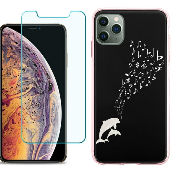 For Apple iPhone 11 Pro Max Case , Slim-Fit TPU Protective Phone Case (Pink Bezel) with Tempered Glass Screen Protector, by OneToughShield ® - Dolphin Music