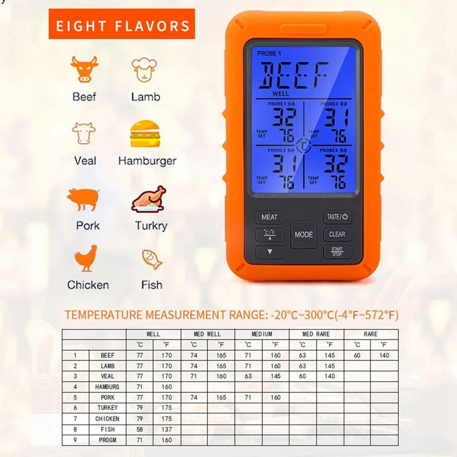 Digital Barbecue Meat Thermometer for Oven Thermomet with Timer 4 Probes Temperature Alarm Kitchen Thermometer(A)