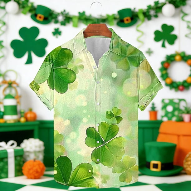 Ceisia Men's St. Patrick's Day Watercolor Four-Leaf Clover Print Short Sleeve Turndown Collar Stretch Casual Shirt Green XL Gifts