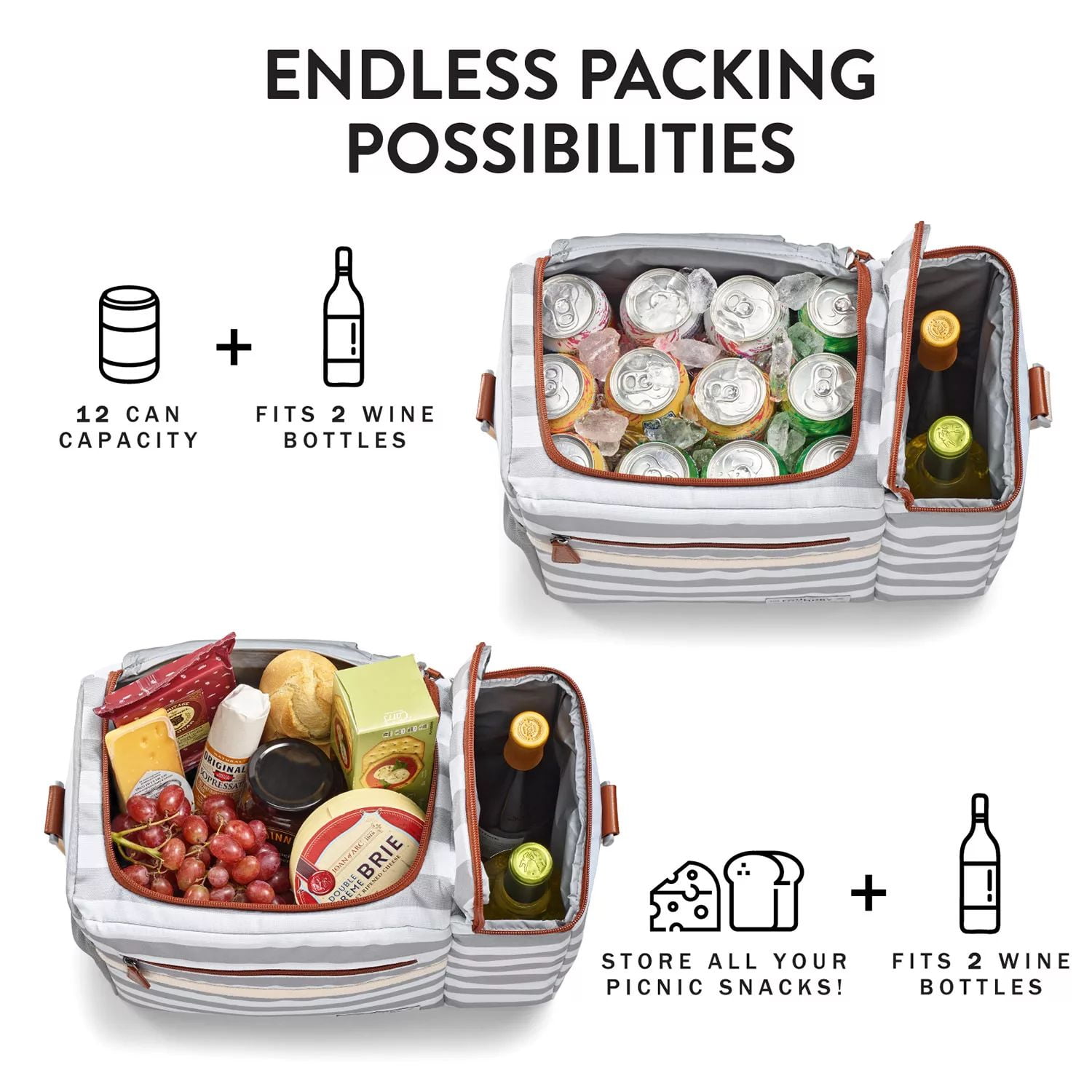 Fit & Fresh Dual Compartment Soft Insulated Thermocooler with Adjustable Shoulder Strap, Grey Stripe
