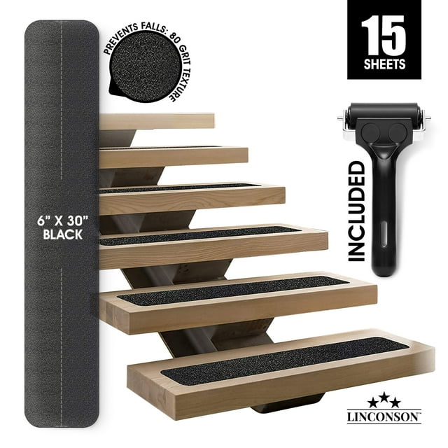 LINCONSON Lot de 15 / 6” x 30” / Bande de Roulement Antidérapante Noire pour Escaliers Extérieurs / Rouleau Inclus Facile à Installer