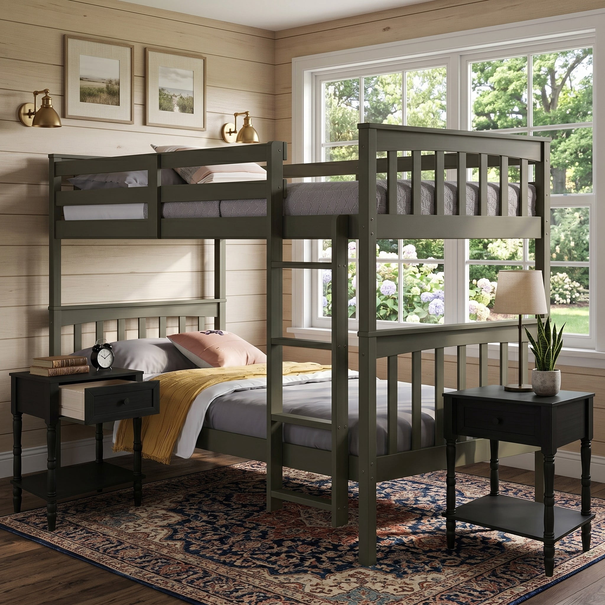 Home Design Ames Twin Over Twin Solid Wood Bunk Bed with 2 Ruston Nightstand – 3-Piece Space-Saving Bedroom Set, Gray/ Black