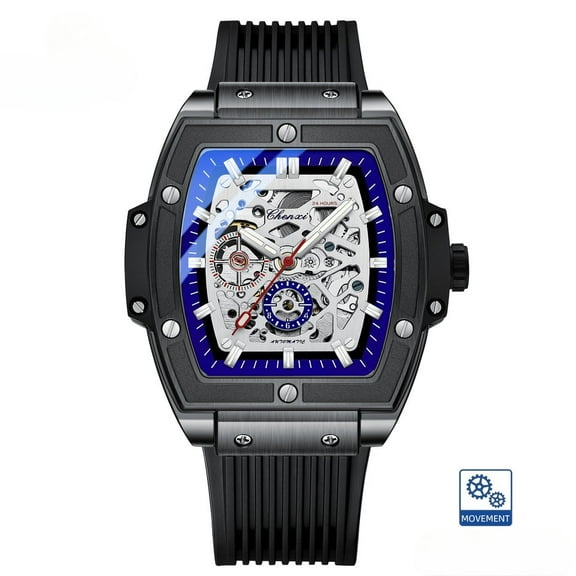 Explojoy Men's Tonneau Mechanical Watch – Hollow Dial, Waterproof, Luminous Display, Silicone Strap