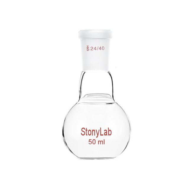 StonyLab Matraz de ebullición de vidrio de 50 ml de pared pesada de un solo cuello con fondo plano y junta exterior cónica estándar 24/40 de 50 ml