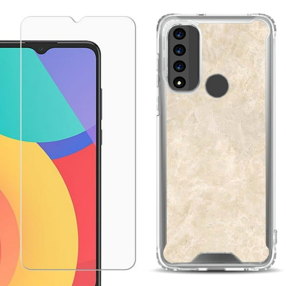 Shockproof Bumper Phone Case for TCL 20 XE, with Tempered Glass Screen Protector, by OneToughShield ® - Marble / Latte