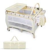 Gymax Foldable Baby Playard Portable Playpen Nursery Center with Changing Station, Beige, Unisex