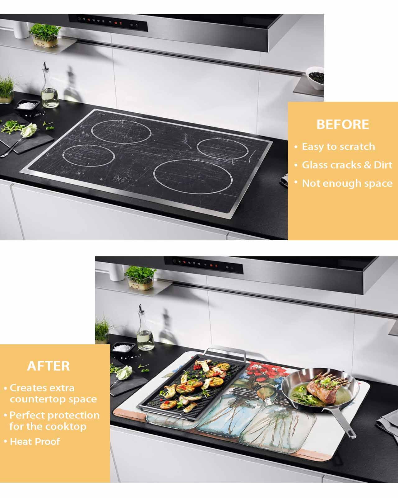 nqOlkjepod Large Induction Cooktop Protector Mat 24"x21", Flower Floral Stove Top Covers for Electric Stove, Red Blue Eucalyptus Plant Summer Spring Stove Burner Cover Mats, Glass Top Stove Cover