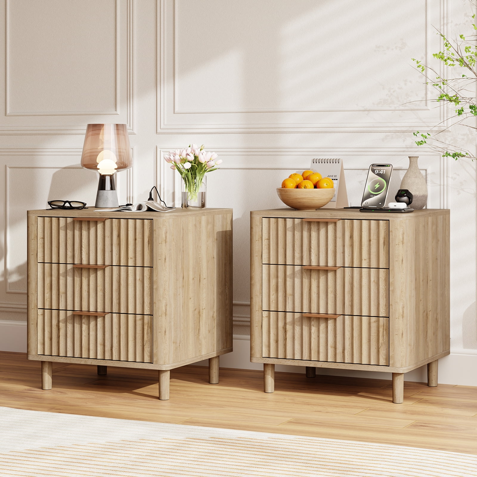 18" Wide Fluted Nightstand Set of 2 with Charging Station Modern Wood Bedside Table with 3 Drawers, Mid Century End Table for Bedroom Living Room Office, Oak