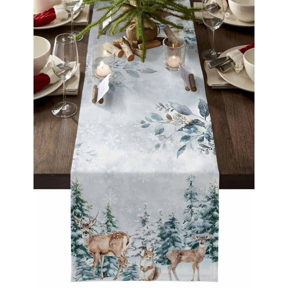 Christmas Table Runner Squirrel Deer Table Runners Pine Tree Forest Winter Leaves Cotton Linen Dresser Scarf Kitchen Dining Table Decor for Christmas Holiday Party Decor 13x90 Inch
