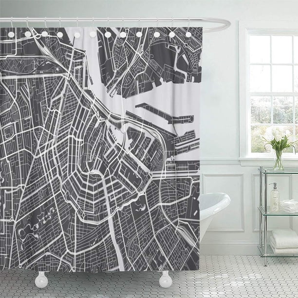 ABPHQTO Mapa detallado de la ciudad verde Detalle de la cartografía de Amsterdam Urban River Street Topografía Juego de cortinas de ducha de baño impermeables 165x180 cm ABPHQTO PKNMT66x72Shower-11111