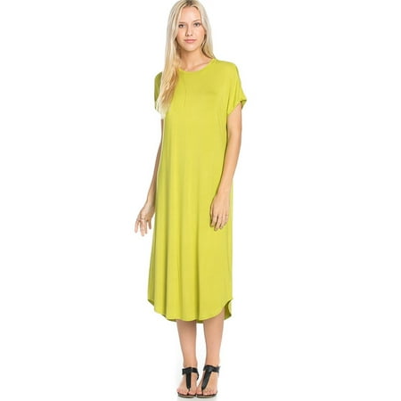 Yellow Soft Dress Sassy Apparel Womens Lounging to Casual Soft Comfortable Elastic Loose Fit Flowy Round Neck Short Sleeve Solid Color Tunic Long Fashion Dress ()