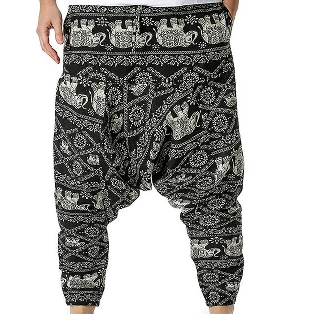 Pantalones bombachos de cintura media con estampado de encaje a la moda para hombre, pantalones casuales de longitud completa, pantalones de entrepierna para hombre
