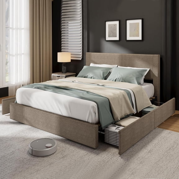 Full Size Bed Frame with Tufted Wingback Headboard, Platform Corduroy Upholstered Bed Frame with 4 Storage Drawers and Wooden Slats Support, No Box Spring Needed, Brown