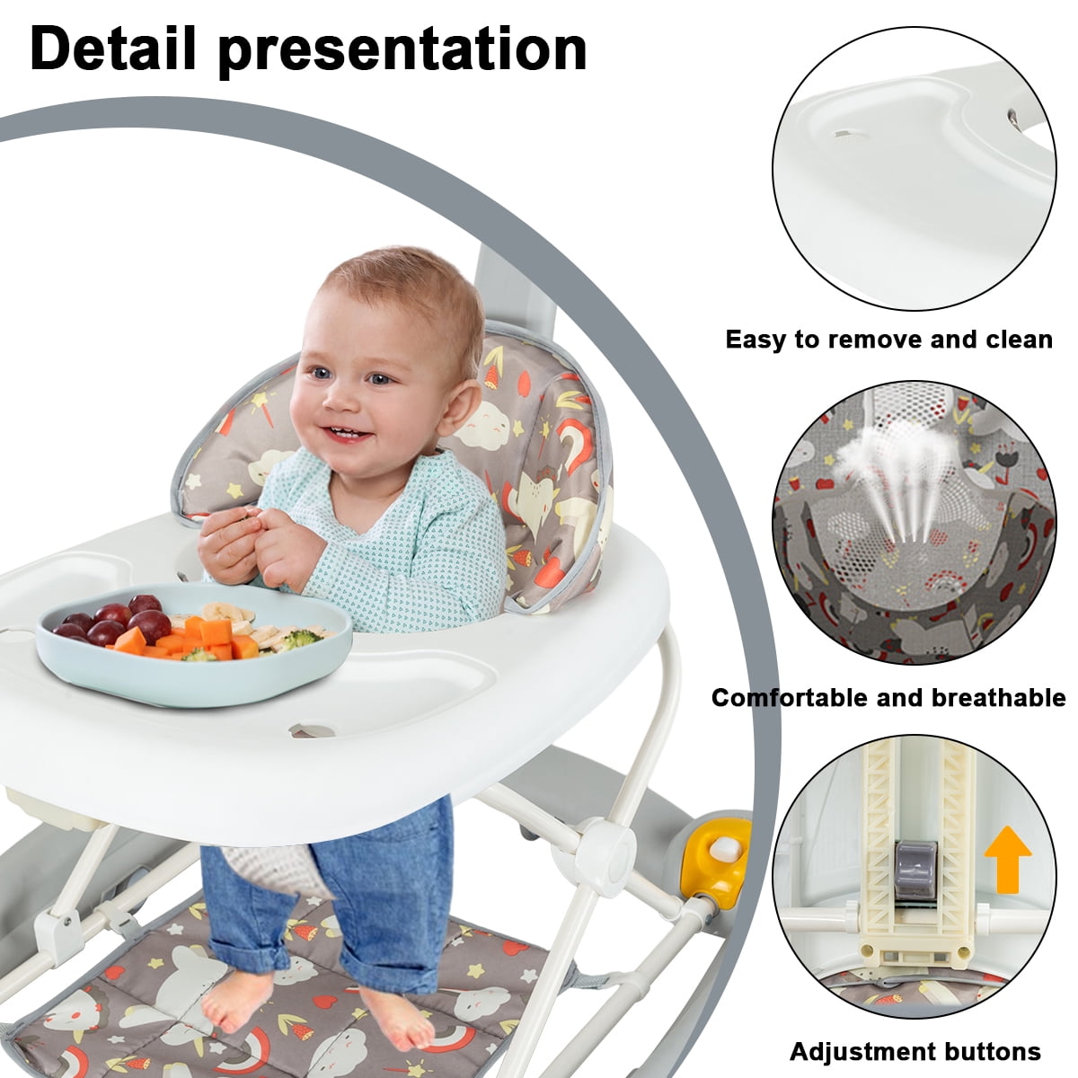 SIMANLI Baby Walkers with Removable Toy Tray & Musical Activity Station, Foldable Baby Walkers for Boys Girls Babies 6-36 Months, Gray