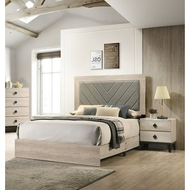 California King Size Bed, 2x Nightstands Cream Finish Transitional Wooden Bedroom Tufted Headboard Bedframe 3pc Furniture Set
