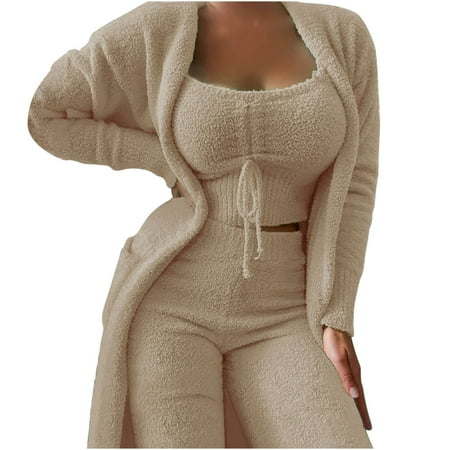 

Boho Tops for Women Solid Color Ladeis Workout Sets Vests Long Sleeve Overcoat Tops Long Pants Suits Pajamas 3-piece Set (Small Khaki)