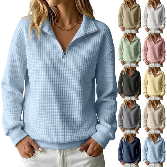 Collared Athletic Pullover for Women Waffle Knit Long Sleeve Quarter Zip Loose Fit Casual Sport Top Textured 1/4 Zip Sweatshirt Sweater
