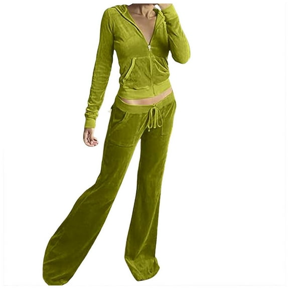 felwors Women's Velvet 2 Piece Tracksuit Set: Hooded Zip - Up Jacket Flare Pants Casual Loungewear Activewear Light Green, XL