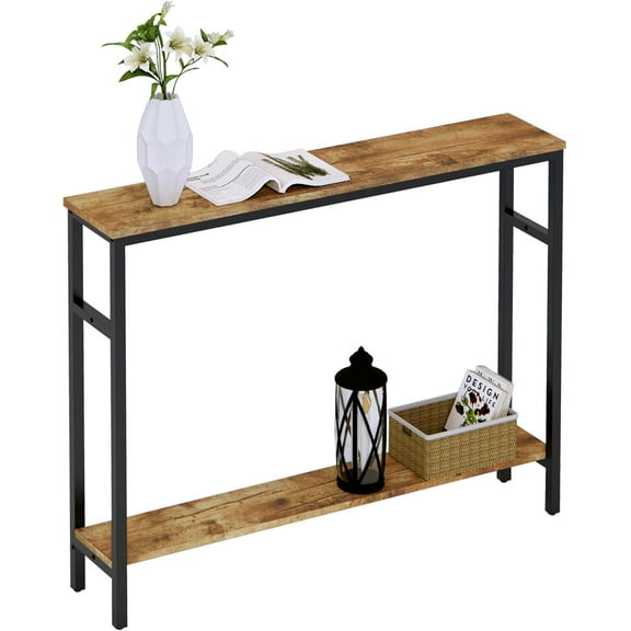 Narrow Console Table, 39.4” Sofa Table with Adjustable Shelf, 2-Tier Long Skinny Table for Hallway, Entryway, Living Room, Foyer, Rustic Brown