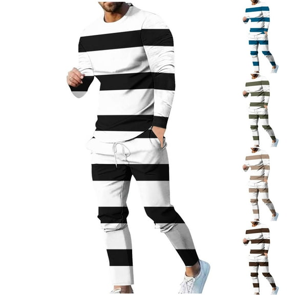 VBTAPA Mens Sweatsuit 2024 Fall Casual 2 Piece Outfits Long Sleeve Striped Tee Shirt and Drawstring Pants Set Big and Tall Hipster Streetwear Back to College Sale Army Green XXXXXL