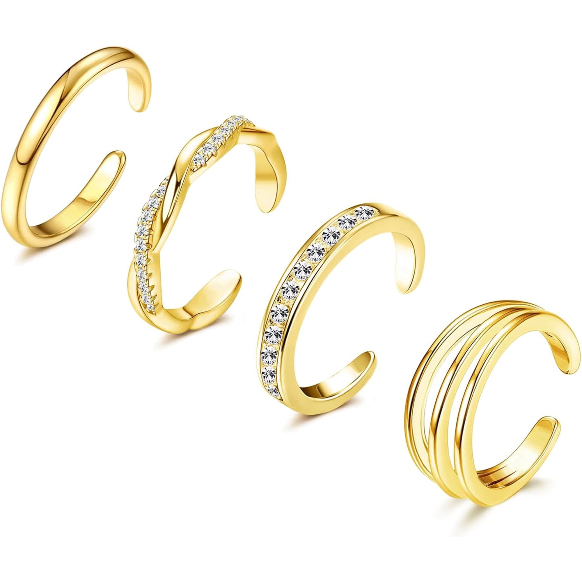 DESIGNICE 4Pcs 14K Gold Plated Toe Rings,White Gold Plated Toe Rings for Women Hug Cz Triple Twist Simple Band Open Toe Rings Beach Foot Jewelry Adjustable