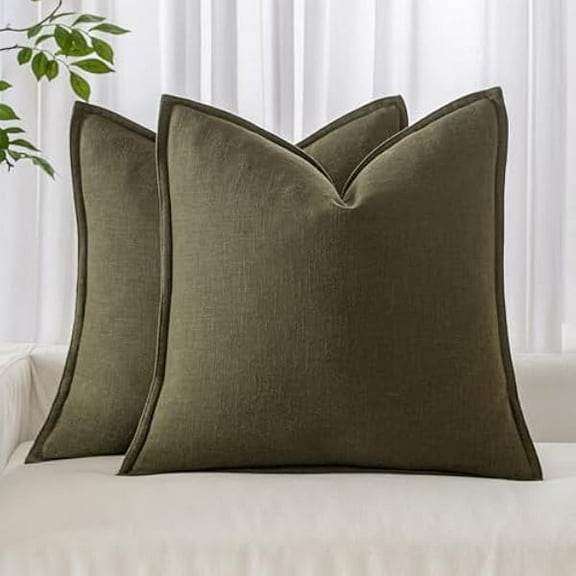 1997 Pack of 2 Decorative Linen Pillow Covers 18x18 Inch Olive Green Farmhouse Soild Neutral Throw Pillow Covers Soft Accent Decorative Pillowcases Home Decors for Couch Sofa Bed Living Room