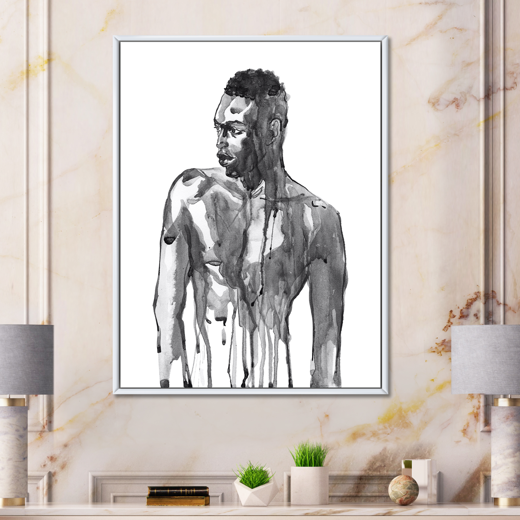 Designart 'Portrait of Handsome African Man On White I' Modern Framed Canvas Wall Art Print