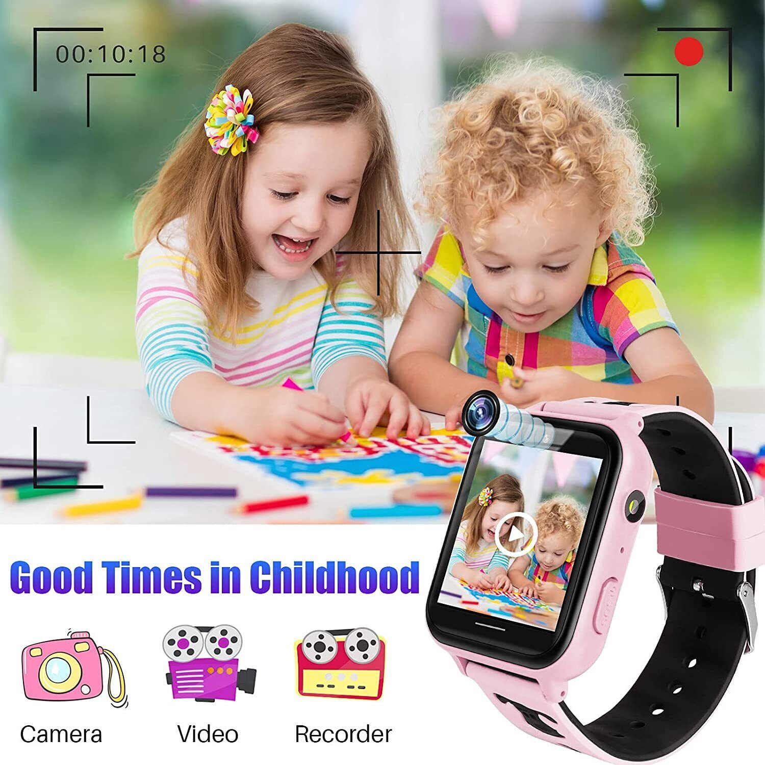 JIAN YA NA Smart Watch for Kids, Kids Watch with 10 Games Camera Music SOS Call Alarm, Birthday Gifts for Age 4-12 Boys Girls（Pink）