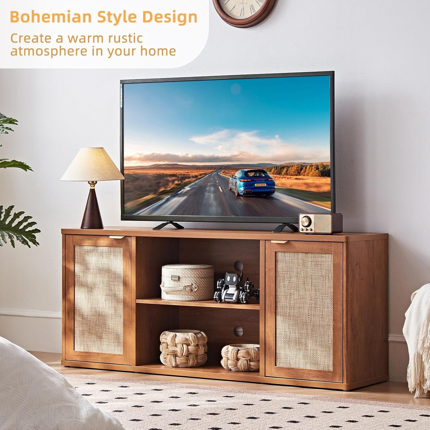 LEYAOYAO Boho Rattan TV Stand, Tea Brown Media Console with Open Shelf & Storage, Fits 50-65 Inch TV, Rustic Entertainment Center
