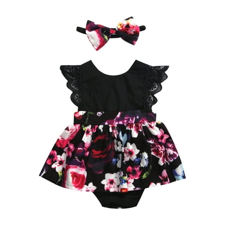 

Canrulo 2PCS Toddler Infant Baby Girls Sister Matching Clothes Floral Flying Sleeve Lace Dress Headband Little Sister Romper 0-6 Months