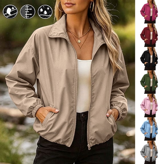 Feancey Womens Cropped Bomber Jackets 2026 Fashion Stand Collar Waterproof Jacket Full Zip Elastic Hem Lightweight Windbreaker with Pockets Army Green L