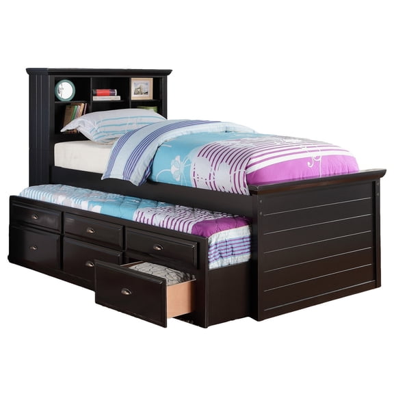 Benzara Toni Wood Twin Size Trundle Bed with 6 Gliding Drawers in Black