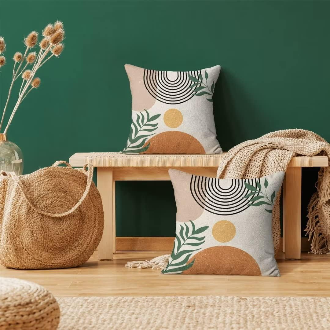 Boho Pillow Covers 18x18 Set of 2, Bohemian Mid Century Style Farmhouse Decorations Throw Pillow Covers Abstract Beige Art Outdoors Decorative Linen Cushion Case for Couch Sofa Home