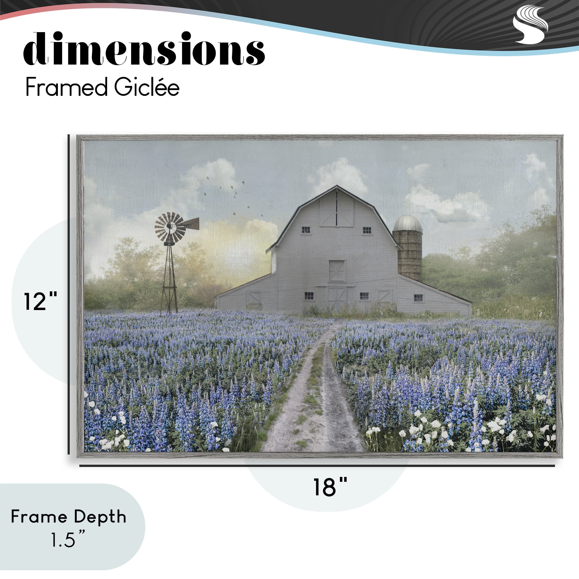 Stupell Industries Meadow of Blue Flowers & Barn Gray Framed Giclee Art, design by Nan