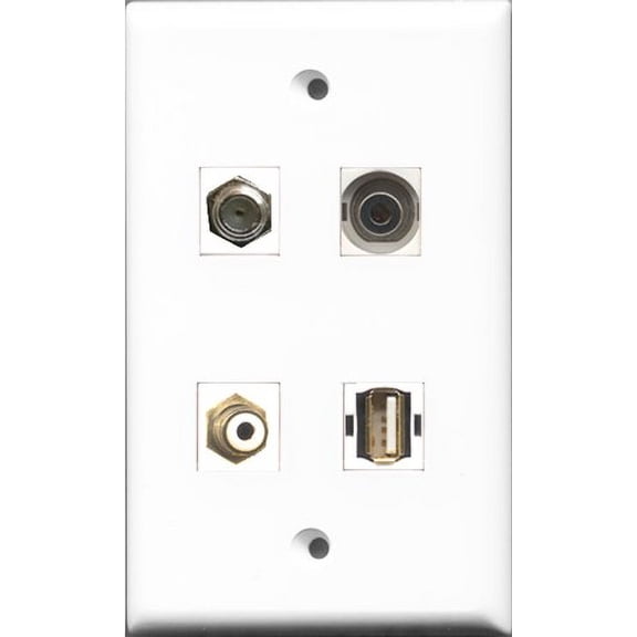 RiteAV 1 Port RCA White and 1 Port Coax Cable TV- F-Type and 1 Port USB A-A and 1 Port 3.5mm Wall Plate