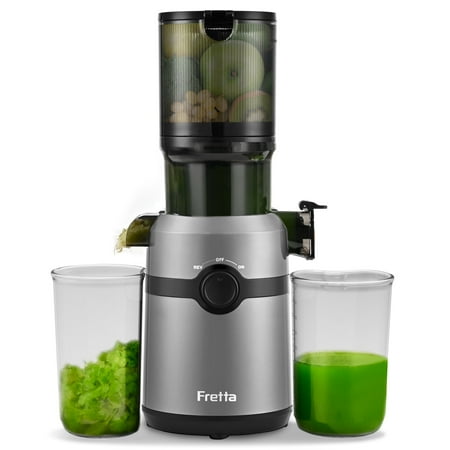 Fretta Slow Masticating Juicer Machines with 4.25  Feed Chute  Cold Press Juicer Machines Fit Whole Fruits & Vegetables  BPA Free (Gray)