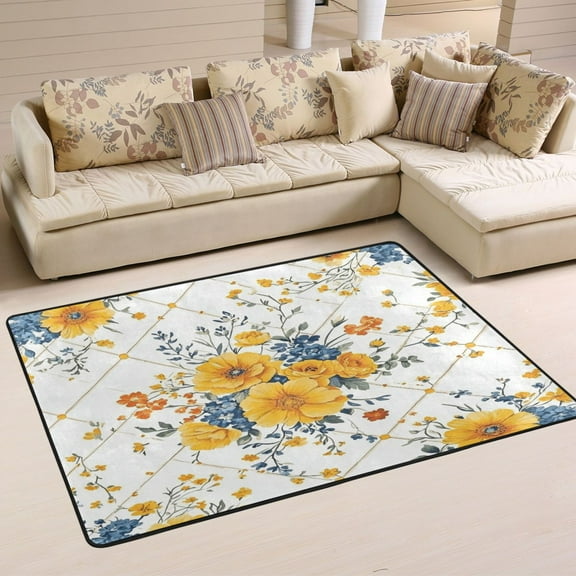 Yellow Flowers Pattern Soft Polyester Area Rug 36''x24'', Non Slip, Memory Foam, Water Absorbent