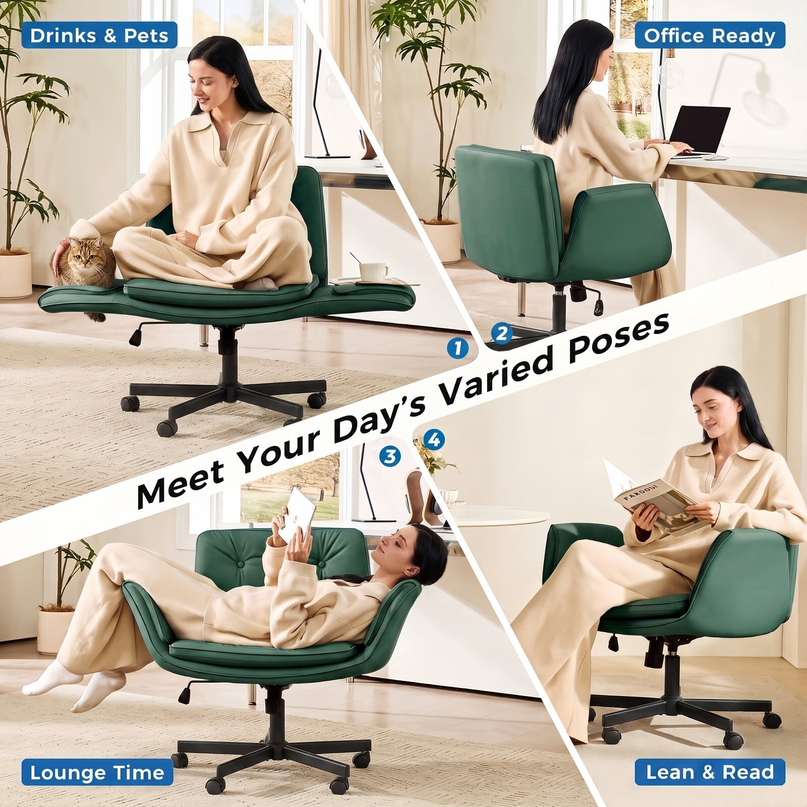 Kelno Criss Cross Office Chair with Wheels Armrests 300lbs Capacity Height Adjustable PU Leather Wide Desk Chair Swivel Vanity Chair, Green
