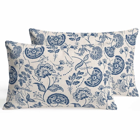 Set of 2 Farmhouse Navy Blue Floral Pillow Covers 12x20 Inch, Linen Boho Paisley Flower Rustic Decorative Throw Pillow Cases Cotton Cushion Covers for Sofa Couch Bed Living Room Bedroom Home Decor