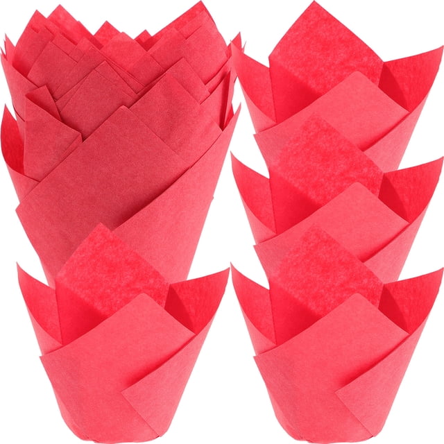 EeaseMX 50 envoltorios para cupcakes, capacillos con forma de tulipán, moldes para muffins, pasteles y recuerdos de fiesta - Rojo