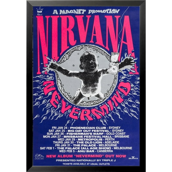 BUY ART FOR LESS Officially Licensed Framed Nirvana - Nevermind Aussie Tour 1992 36 x 24 Music Art Print Poster